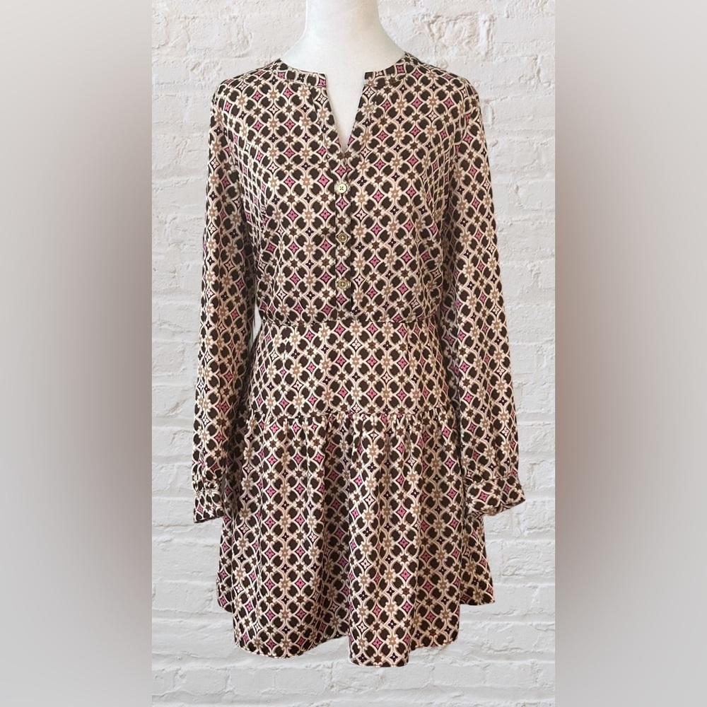 Loft Geo Split Neck Boho Long Shift Dress Size 8 NWOT 60s 70s Style Old Money